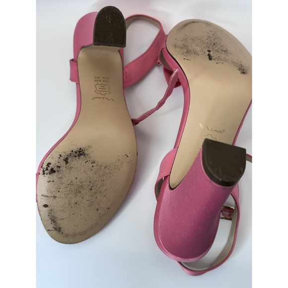 Nina Women's Pink Satin Bow Heels Slingback Open Toe Block Heel - Picture 7 of 8